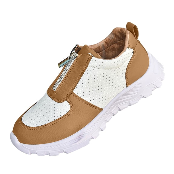 KEGIRLOM Women's Fashion Casual Spring And Fall Color Matching Front Zipper Lazy Shoes Sneakers Brown Size 6.5