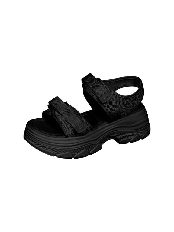 Women's Fashion Casual Spring And Summer Style Solid Color Breathable Round Toe Open Toe Thick Bottom Wedge Sandals Black 5.5
