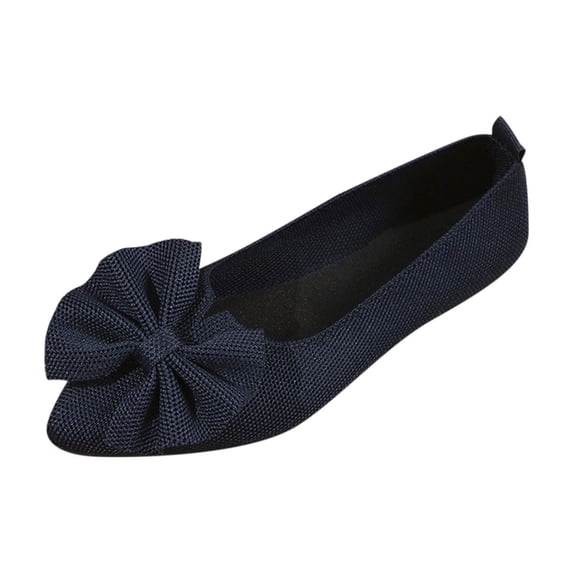 KEGIRLOM Women's Fashion Casual Spring And Summer Flying Woven Shoes Solid Color Bow Breathable Pointed Toe Flat Bottom Wedge Heel One-Foot Shoes Navy 6