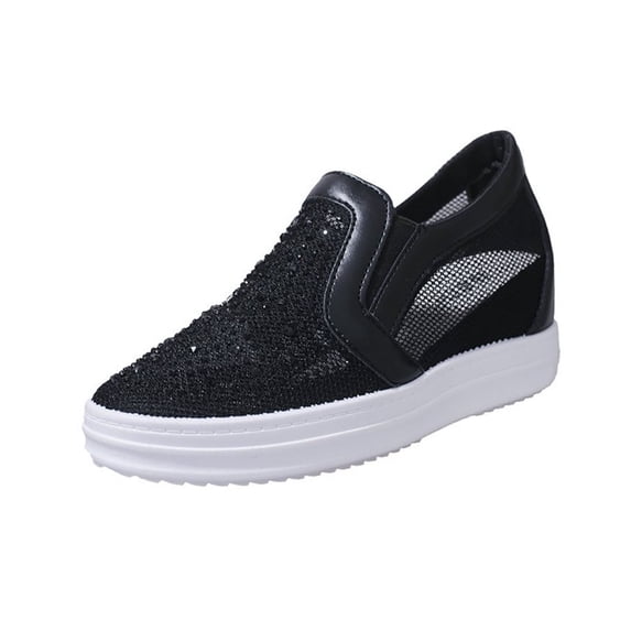 KEGIRLOM Women's Fashion Casual Spring And Summer Mesh Breathable Solid Color Rhinestone Round Toe Closed Toe Slip-On Thick-Soled Wedge Heel Sandals Black 6.5