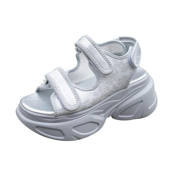 KEGIRLOM Women's Fashion Casual Spring And Summer Solid Color Print Comfortable Breathable Round Toe Open Toe Thick Bottom Wedge Heel Sandals Silver 8.5