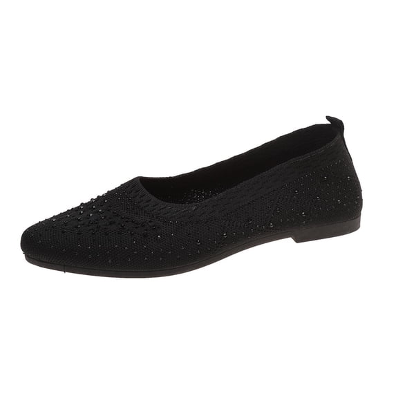 KEGIRLOM Women's Fashion Casual Spring And Summer Style Flying Mesh Breathable Rhinestone Pointed Toe Closed Toe Slip-On Shallow Mouth Flat Shoes Black 7