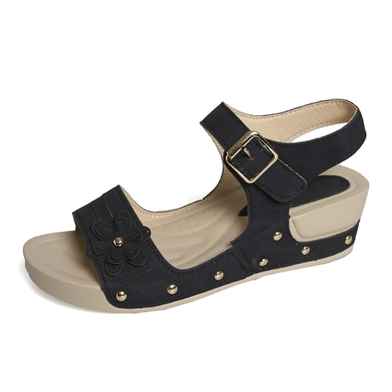 KEGIRLOM Women's Fashion Casual Spring And Summer Style Solid Color Flower Breathable Round Toe Open Toe One-Line Buckle Thick Bottom Wedge Heel Sandals Black 7.5