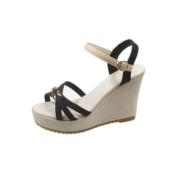 KEGIRLOM Women's Fashion Casual Spring And Summer Style Solid Color Round Toe Open Toe Strap One-Line Buckle Thick Bottom Waterproof Wedge Sandals Black 9