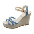 thumbnail image 1 of KEGIRLOM Women's Fashion Casual Spring And Summer Style Solid Color Round Toe Open Toe Strap One-Line Buckle Thick Bottom Waterproof Wedge Sandals Blue 8.5, 1 of 9