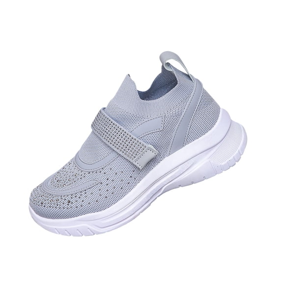 KEGIRLOM Women's Fashion Casual Style Solid Color Rhinestone Deep Mouth Thick Sole Breathable Beaded Fly Woven Sneakers Gray Size 6.5