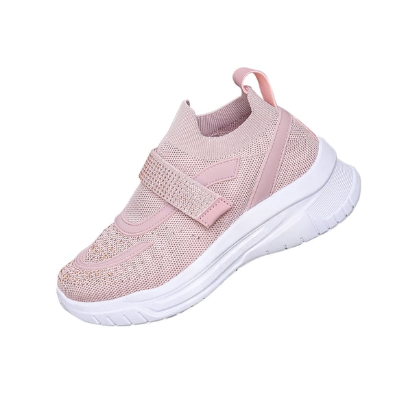 KEGIRLOM Women's Fashion Casual Style Solid Color Rhinestone Deep Mouth Thick Sole Breathable Beaded Fly Woven Sneakers Pink Size 6