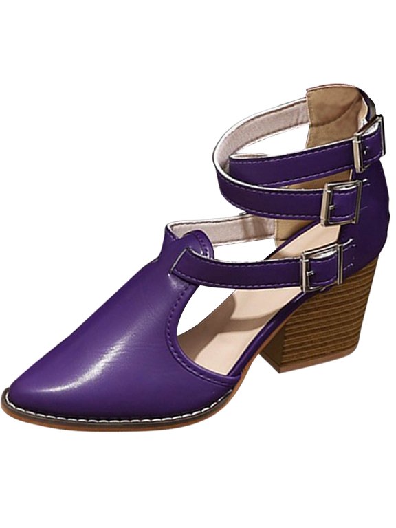 Women's Fashion Casual Summer High Heel Thick Heel Pointed Belt Buckle Hollow Sandals Purple Size 7.5