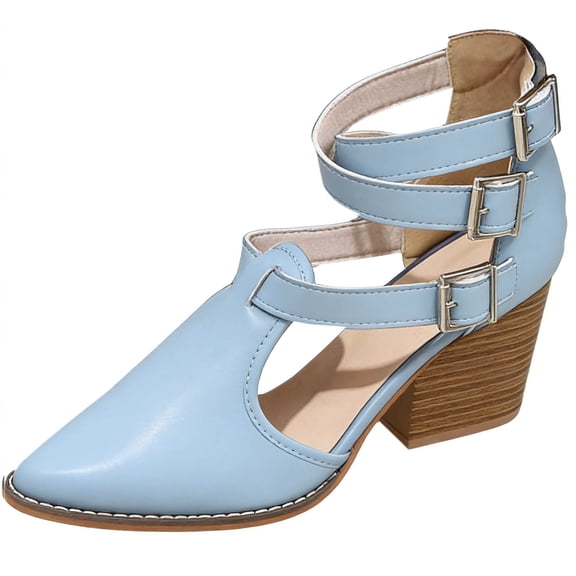 KEGIRLOM Women's Fashion Casual Summer High Heel Thick Heel Pointed Belt Buckle Hollow Sandals Sky Blue Size 6