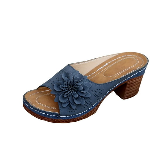 KEGIRLOM Women's Fashion Casual Summer Style Solid Color Comfortable Open Toe High Heel Thick Heel Shoes Blue 7