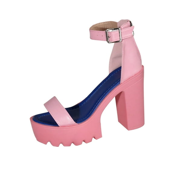 KEGIRLOM Women's Fashion Casual Summer Style Solid Color Comfortable Open Toe High Heel Thick Heel Shoes Pink Size 6.5