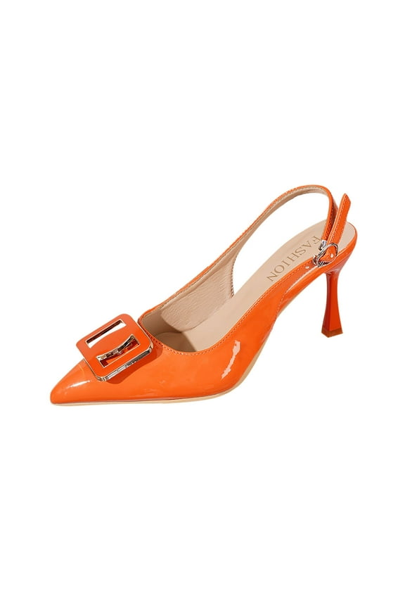 Women's Fashion Casual Summer Style Square Buckle Back Open Thin Heel Sandals Versatile Commuting Pointed Toe High Heels Orange 9