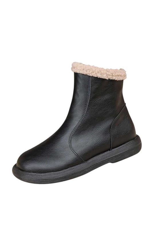 Women's Fashion Casual Trend All-Match Solid Color British Style Thick-Soled Furry Round Toe Side Zipper Short Barrel Flat Ankle Boots Black 5.5