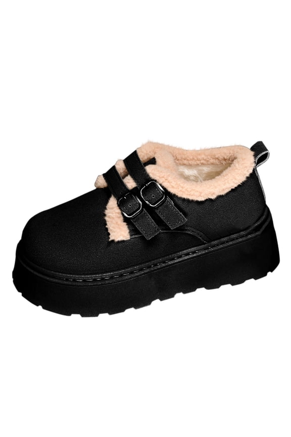 Women's Fashion Casual Trend Classic Thick Bottom Solid Color Double Buckle Winter Warm Velvet Thick Boots Snow Boots Black Size 6.5