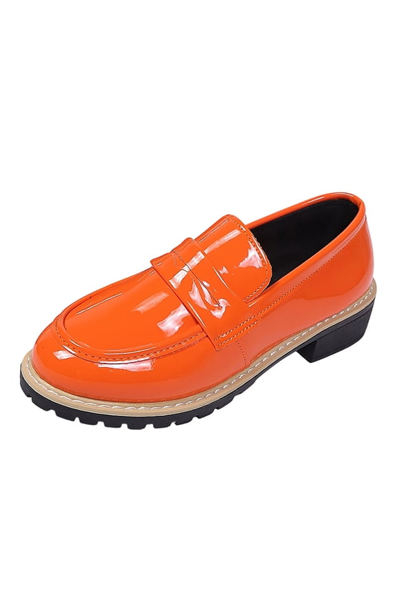 Women's Fashion Casual Trendy Versatile Solid Color British Style Loafers With Thick Heels Shoes Orange Size 9.5