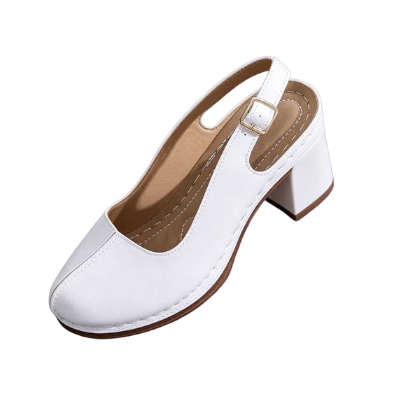 KEGIRLOM Women's Fashion Casual Versatile Round Toe Openwork Thick Heel High Heel Sandals White 6.5