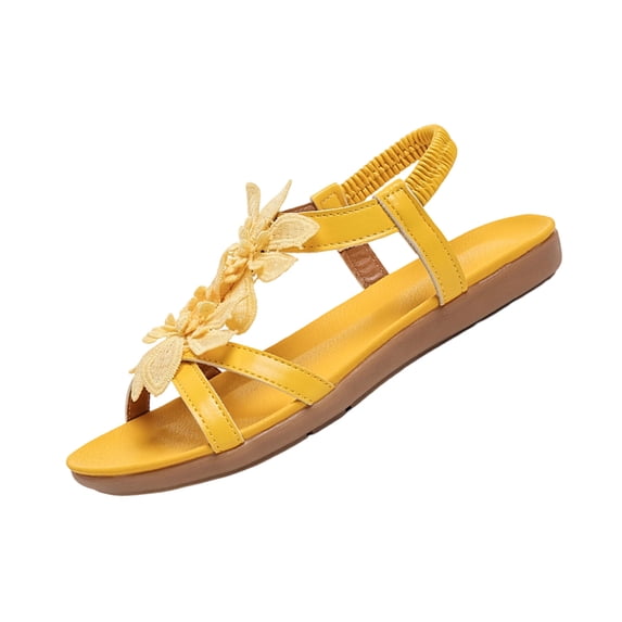KEGIRLOM Women's Fashion Casual Versatile Round Toe Spring Summer Flower Elastic Back Flat Sandals Yellow 8.5