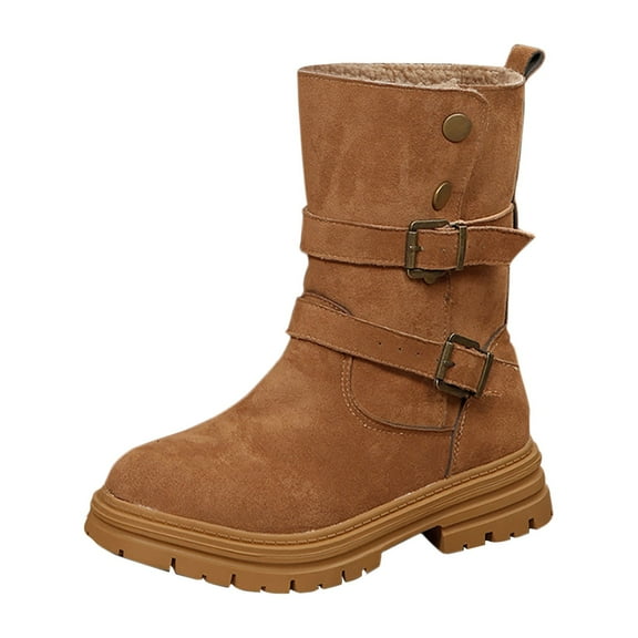 KEGIRLOM Women's Fashion Casual Versatile Solid Color Buckle Plus Velvet Warm Mid-Heel Mid-Calf Boots Brown 9