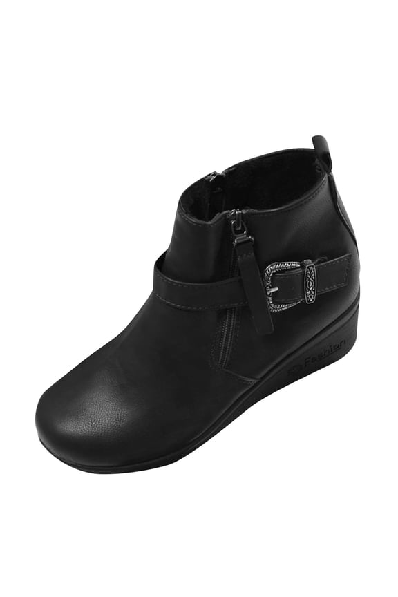 Women's Fashion Casual Versatile Sweet Cool Double Buckle Double Zipper Fashionable Fall And Winter Trendy Wedge Heel Ankle Boots Black 6.5