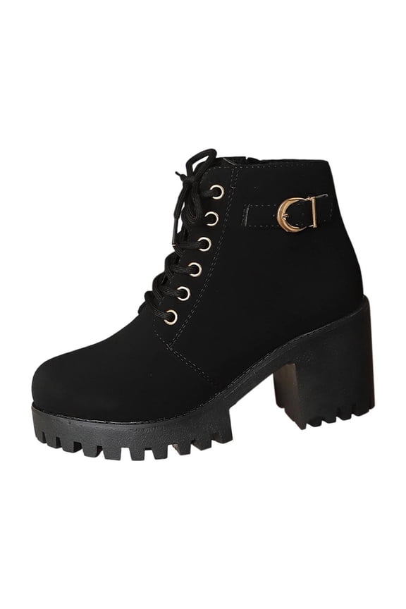 Women's Fashion Casual Versatile Sweet Cool Fashionable Fall And Winter Style Trendy Thick Bottom High Heel Strap Short Boots Black 6