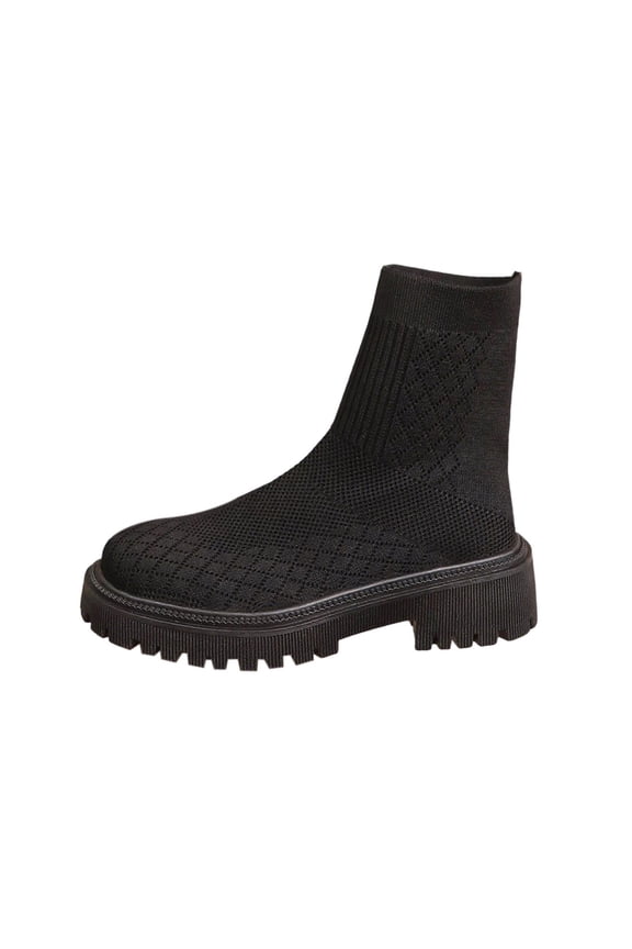 Women's Fashion Casual Versatile Sweet Cool Flying Knit Fashionable Fall And Winter Style Trendy Thick Bottom Block Heel Elastic Short Boots Black 9