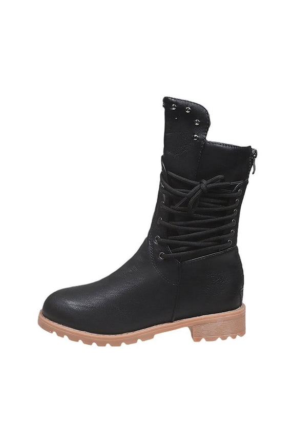 Women's Fashion Casual Versatile Sweet Cool Hot Girl Square Heel Fashionable Fall And Winter Style Trend Knight Lace-Up Thick Heel Fashion Boots Black 6