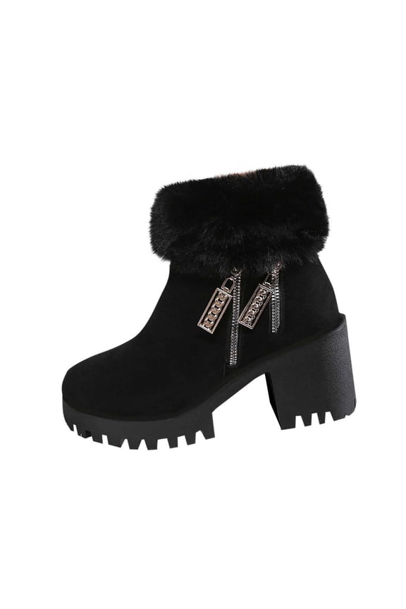 Women's Fashion Casual Versatile Sweet Cool Plus Velvet Warm Fashionable Fall And Winter Style Trendy Thick Heel Thick Sole Boots Black 5.5