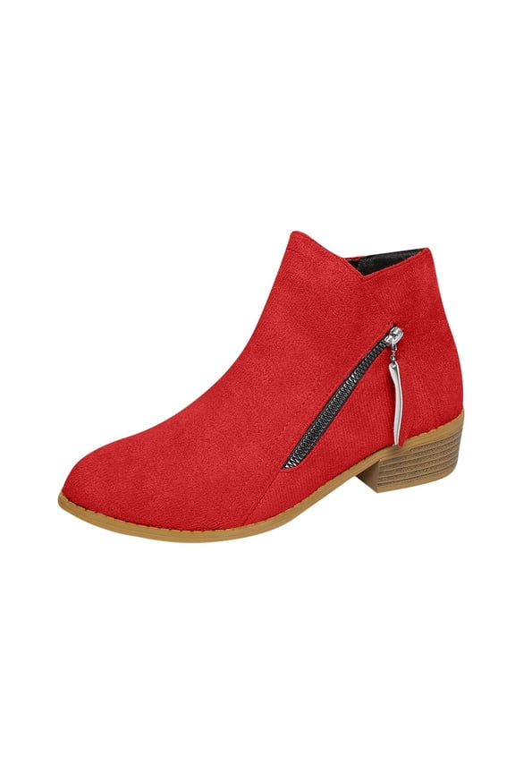 Women's Fashion Casual Versatile Sweet Cool Short Boots Side Zipper Thick Heel Pointed Boots Thick Heel Mid-Calf Boots Red 9