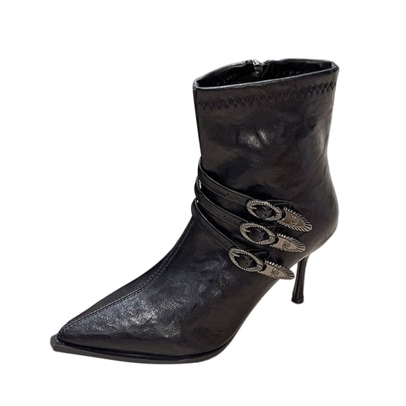 KEGIRLOM Women's Fashion Casual Winter Ankle Boots Solid Color Pointed Toe Side Zipper High Heel Ankle Boots Black Size 6.5