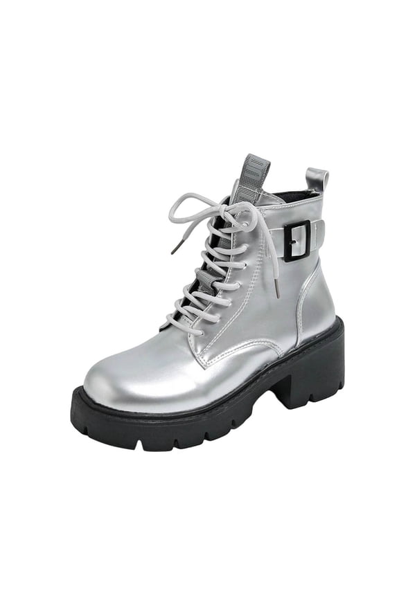 Women's Fashion Casual Winter Ankle Boots Solid Color Round Toe Front Lace-Up Side Zipper Heel Mid-Heel Ankle Boots Silver 8.5