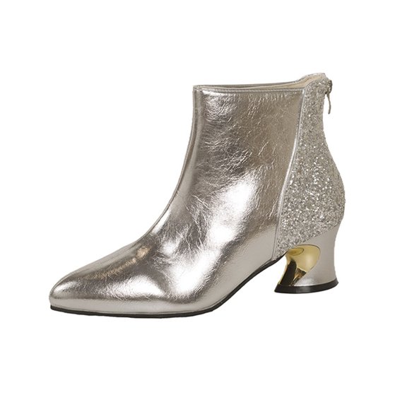 KEGIRLOM Women's Fashion Casual Winter Ankle Boots Solid Color Splicing Pointed Toe Back Zipper Thick Heel Low Heel Ankle Boots Silver 6