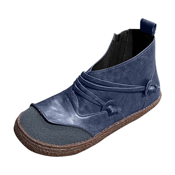 KEGIRLOM Women's Fashion Casual Winter Ankle Boots Solid Color Splicing Round Toe Side Zipper Flat Ankle Boots Blue 6