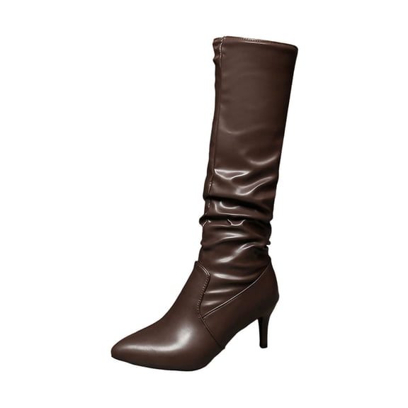 KEGIRLOM Women's Fashion Casual Winter Long Pleated Slouch Boots Pointed Toe Solid Color High Heel Knee-High Boots Coffee 6