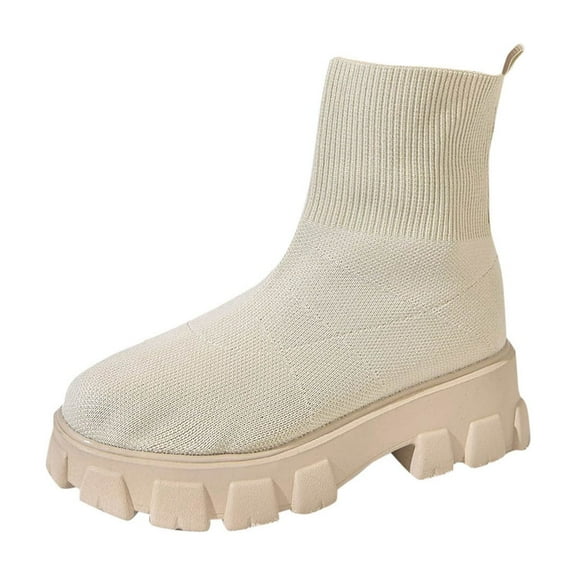 KEGIRLOM Women's Fashion Casual Winter Mesh Elastic Socks Boots Solid Color Round Toe Heel Low Heel Ankle Boots Beige 6