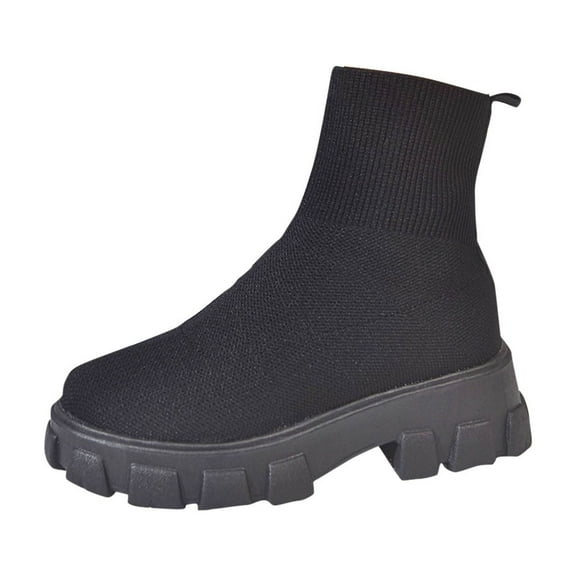 KEGIRLOM Women's Fashion Casual Winter Mesh Elastic Socks Boots Solid Color Round Toe Heel Low Heel Ankle Boots Black 6