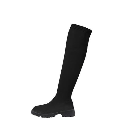 KEGIRLOM Women's Fashion Casual Winter Mesh Elastic Stockings Boots Solid Color Round Toe Heel Low Heel Over-The-Knee Boots Black 6.5