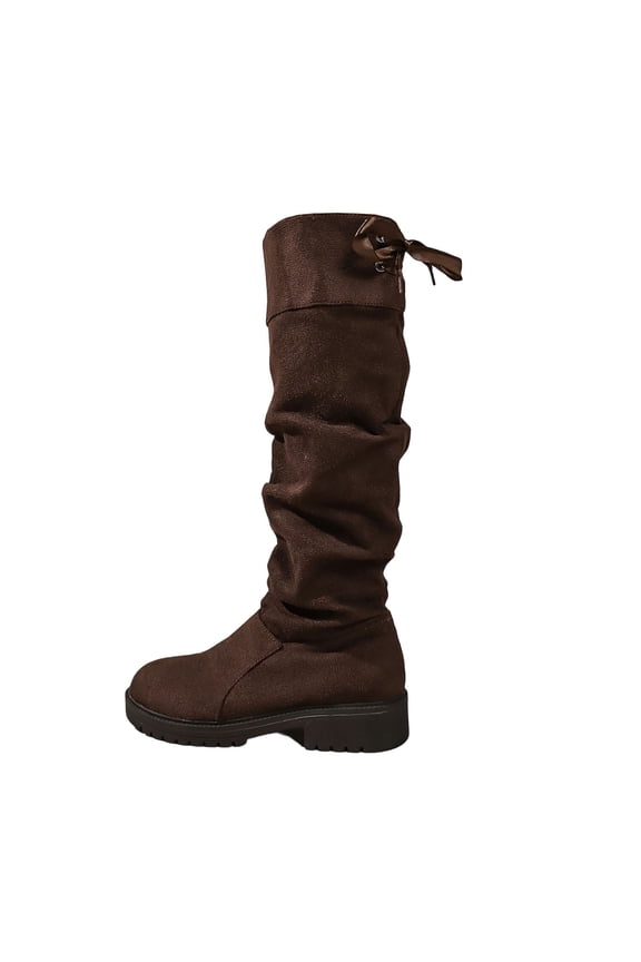 Women's Fashion Casual Winter Round Toe Heel Wrinkled Boots With Lace-Up Long Knee Boots Knight Boots Mid-Heel Knee-High Boots Coffee Size 7.5
