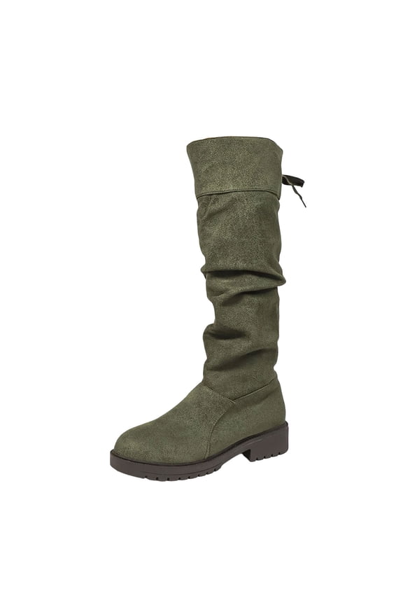 Women's Fashion Casual Winter Round Toe Heel Wrinkled Boots With Lace-Up Long Knee Boots Knight Boots Mid-Heel Knee-High Boots Green Size 6