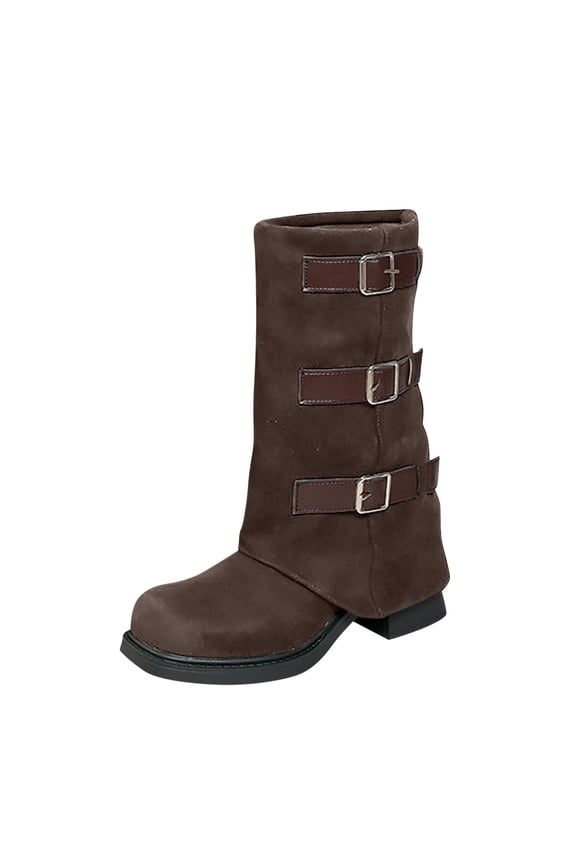 Women's Fashion Casual Winter Short Trouser Boots Solid Color Belt Buckle Square Toe Low Heel Mid-Calf Boots Coffee 5.5