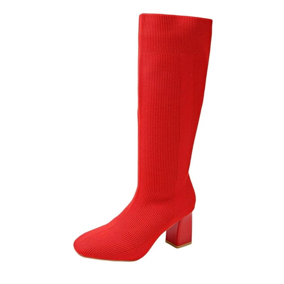 KEGIRLOM Women's Fashion Casual Winter Solid Color Round Toe Thick Heel Slim Breathable Elastic Skinny Boots High Heel Mid-Calf Boots Red 6.5