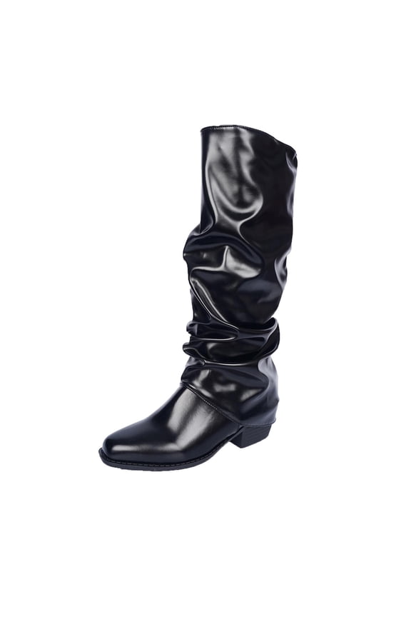 Women's Fashion Casual Winter Solid Color Versatile Pointed Toe Western Trouser Boots Belt Buckle Mid-Heel High Boots Black 9