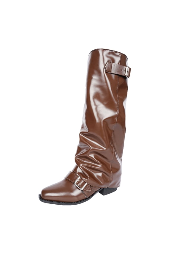 Women's Fashion Casual Winter Solid Color Versatile Pointed Toe Western Trouser Boots Belt Buckle Mid-Heel High Boots Brown 9