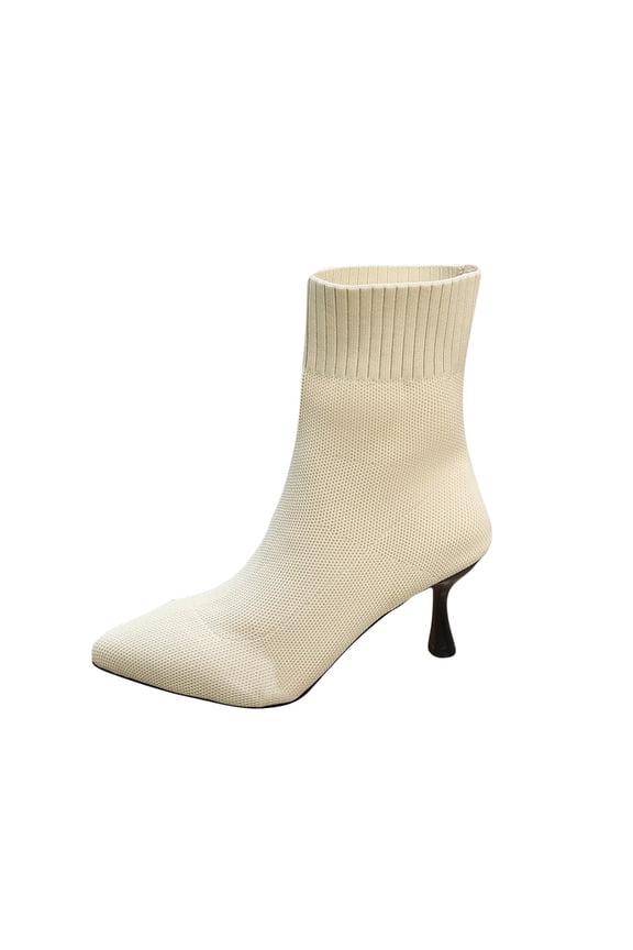 Women's Fashion Casual Winter Style Solid Color Flying Woven Stretch Knitted Square Toe Socks Boots High Heel Short Boots Beige 7.5