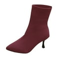 thumbnail image 1 of KEGIRLOM Women's Fashion Casual Winter Style Solid Color Flying Woven Stretch Knitted Square Toe Socks Boots High Heel Short Boots Wine 6.5, 1 of 9