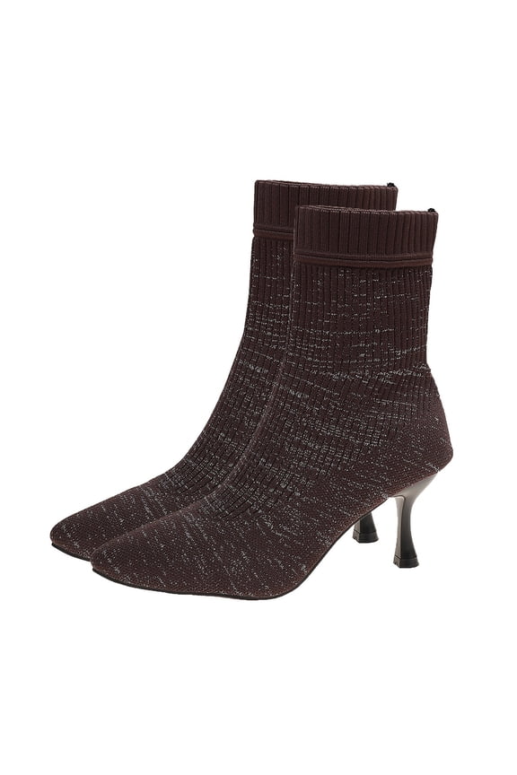 Women's Fashion Casual Winter Style Solid Color Flying Woven Stretch Knitted Toe Socks Boots High Heel Short Boots Brown Size 9.5