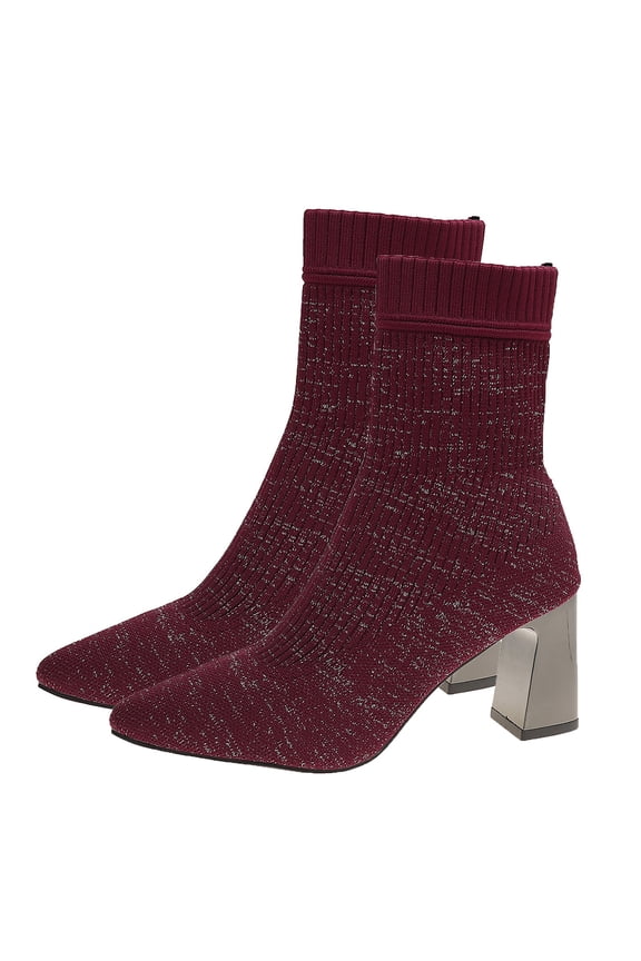Women's Fashion Casual Winter Style Solid Color Flying Woven Stretch Knitted Toe Socks Boots Thick Heel High Heel Short Boots Wine Size 5.5