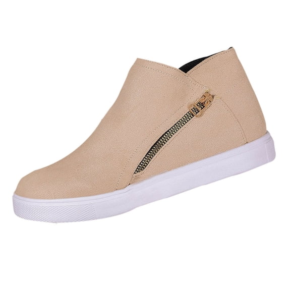 KEGIRLOM Women's Fashion Casual Winter Style Solid Color Round Toe Side Zipper Short Boots Flat Ankle Boots Beige 6.5