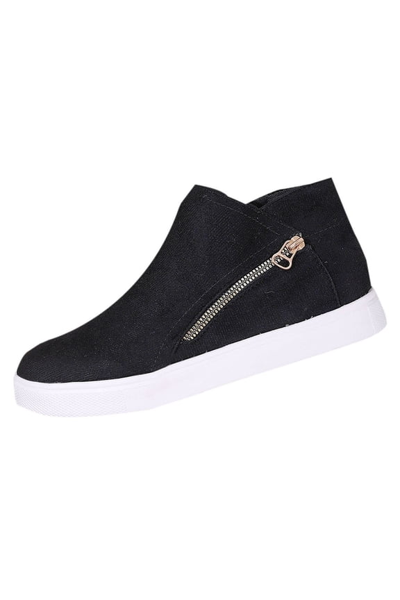 Women's Fashion Casual Winter Style Solid Color Round Toe Side Zipper Short Boots Flat Ankle Boots Black 6