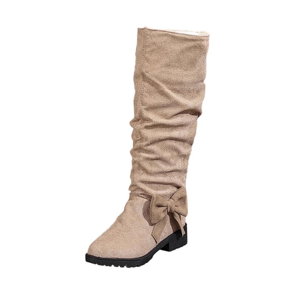 KEGIRLOM Women's Fashion Casual Winter Style Tall Boots Solid Color Bow Round Toe Heel Mid Calf Boots Khaki 7