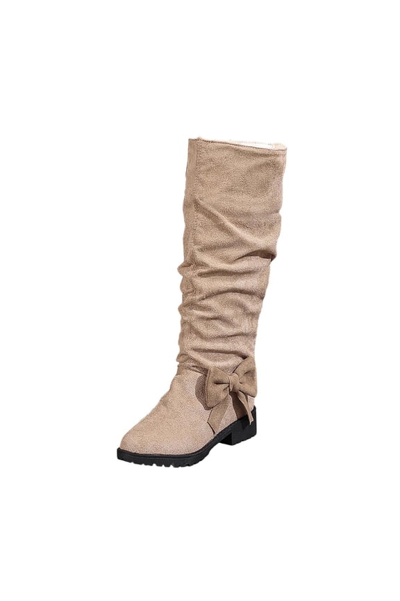 Women's Fashion Casual Winter Style Tall Boots Solid Color Bow Round Toe Heel Mid Calf Boots Khaki 7